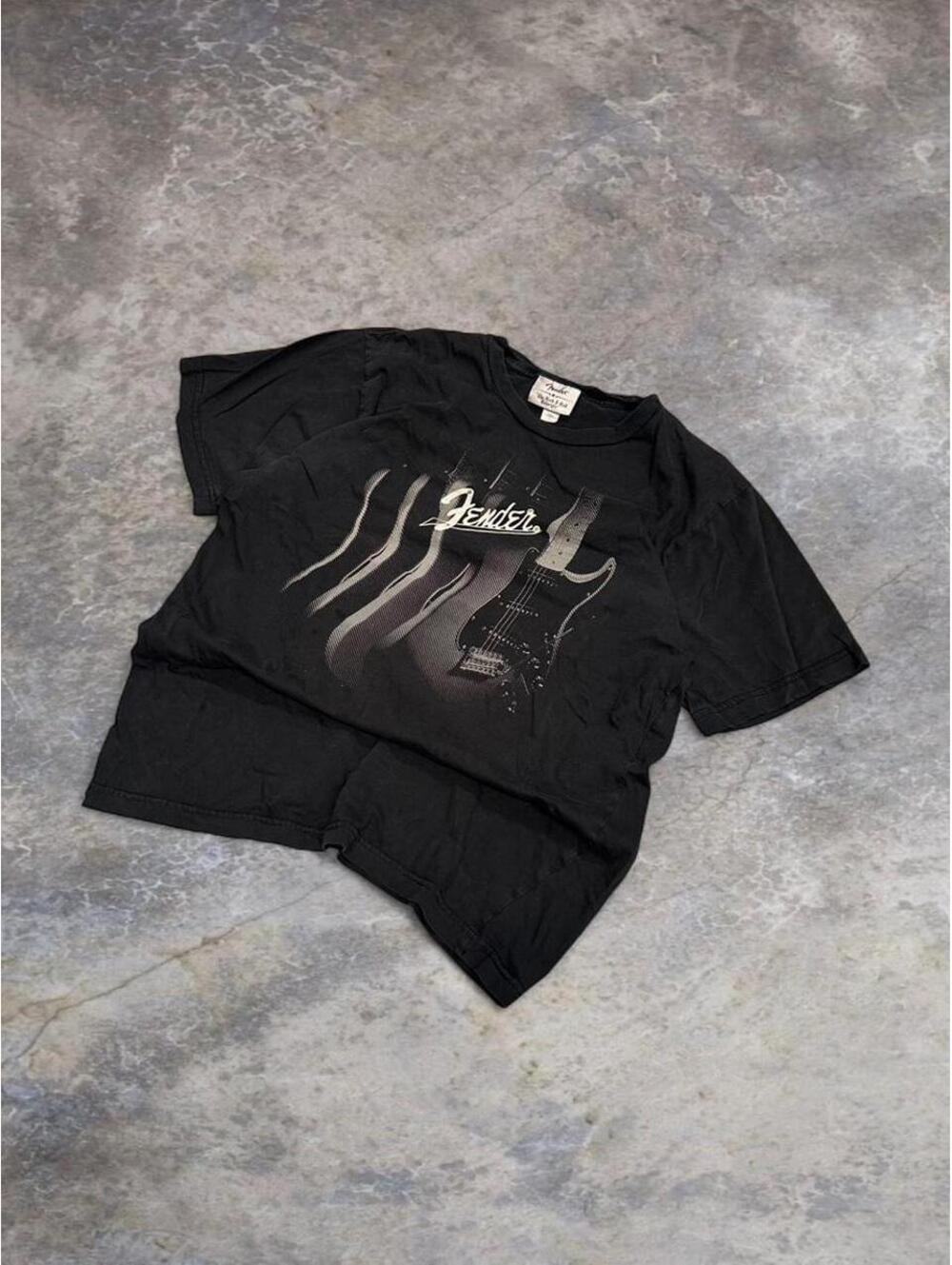 Fender black t-shirt with white guitar graphic and flame design